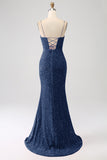 Glittrande Royal Blue Mermaid Spaghetti Straps Paljett Lång Balklänning Med Split