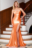Häpnadsväckande Orange Mermaid Spaghetti Straps Korsett Prom Klänning Med Split Front