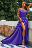 Royal Blue A-linje Spaghetti Straps Backless Lång Satin Balklänning med slits