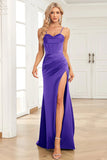 Fuchsia Mermaid Spaghetti Straps Satin Prom Klänning med Split Front