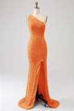 Glittrande Orange sjöjungfru One Shoulder Paljetter Balklänning med slits