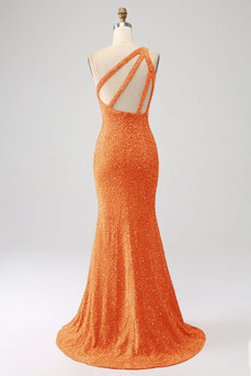 Glittrande Orange sjöjungfru One Shoulder Paljetter Balklänning med slits