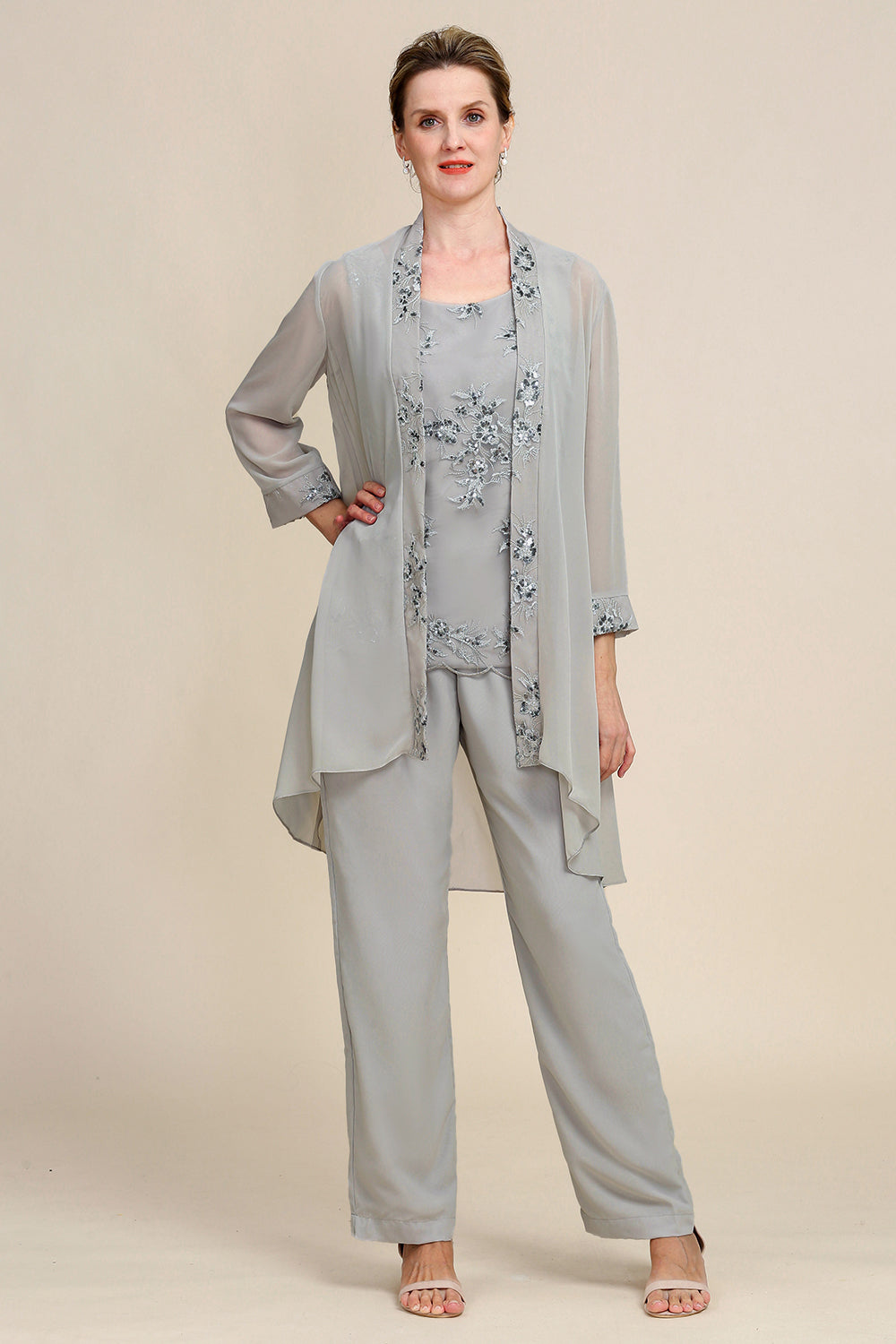 Zapaka Women Grey 3 Piece Mor of the Bride Pant Suits med spets