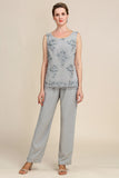 Zapaka Women Grey 3 Piece Mor of the Bride Pant Suits med spets