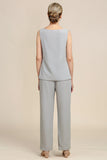 Zapaka Women Grey 3 Piece Mor of the Bride Pant Suits med spets