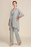 Zapaka Women Grey 3 Piece Mor of the Bride Pant Suits med spets