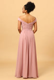 Ruffles Chiffong Pink Bridesmaid Klänning med slits