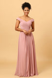 Ruffles Chiffong Pink Bridesmaid Klänning med slits