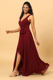 Bourgogne Wrap Chiffong Bridesmaid Klänning med slits