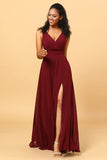 Bourgogne Wrap Chiffong Bridesmaid Klänning med slits