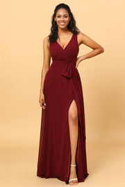 Bourgogne Wrap Chiffong Bridesmaid Klänning med slits