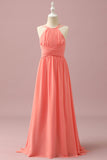 Orange Chiffong Halter Halff Hals Junior Bridesmaid Klänning