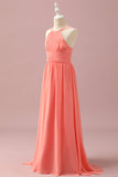 Orange Chiffong Halter Halff Hals Junior Bridesmaid Klänning