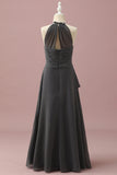 Black Halter Neck A-line Junior Bridesmaid Klänning med kaskad volanger