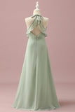 Sage Halter Chiffong A-Line Junior Bridesmaid Klänning