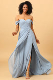 Off Shoulder Chiffong Blue Bridesmaid Klänning med slits