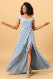 Off Shoulder Chiffong Blue Bridesmaid Klänning med slits