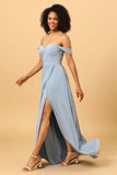Off Shoulder Chiffong Blue Bridesmaid Klänning med slits