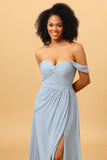 Off Shoulder Chiffong Blue Bridesmaid Klänning med slits