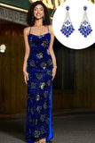 Royal Blue Mermaid Spaghetti Straps Paljetter Lång Balklänning med Accessoar