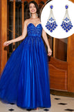Royal Blue A-linje Sweetheart Lång pärlstav Balklänning med Accessoar