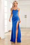 Fuchsia Mermaid Spaghetti Straps Satin Prom Klänning med Split Front
