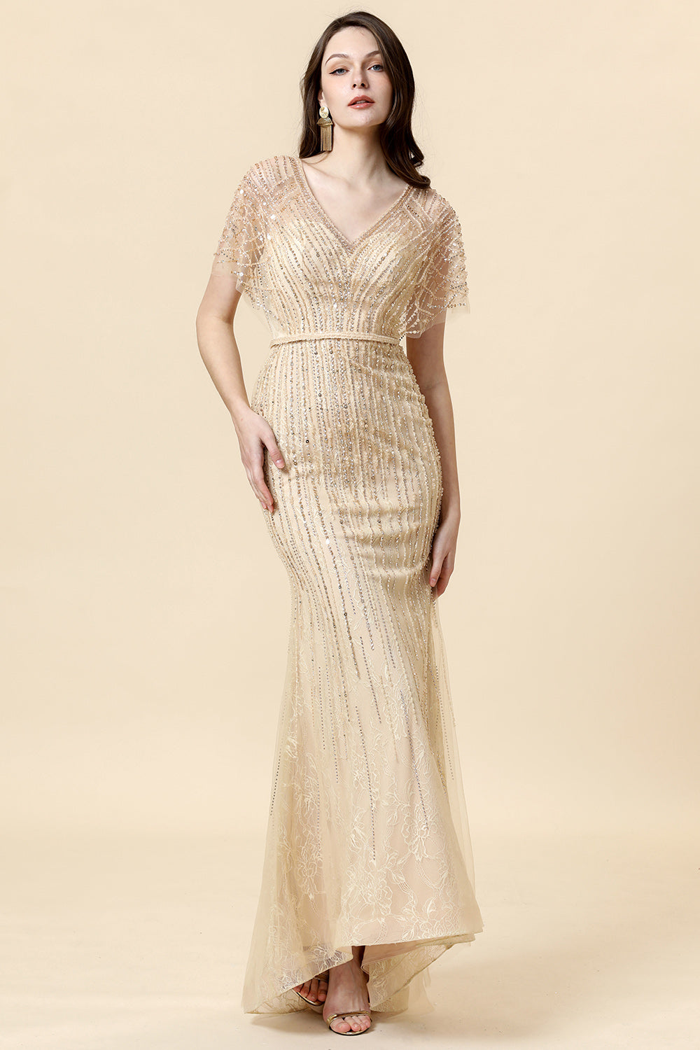 Mermaid V Neck Golden Beaded Long Formal Klänning