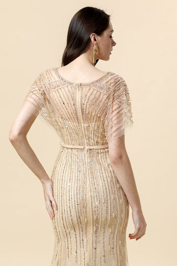 Mermaid V Neck Golden Beaded Long Formal Klänning