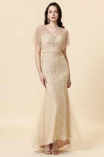 Mermaid V Neck Golden Beaded Long Formal Klänning