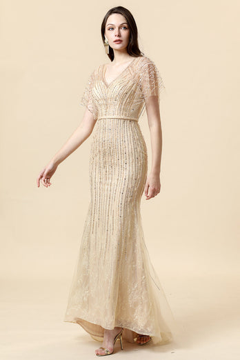 Mermaid V Neck Golden Beaded Long Formal Klänning