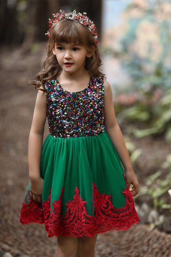 Grön och röd blomma flicka klänning med paljetter