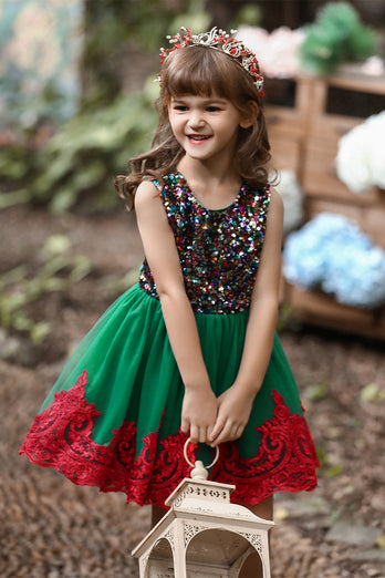 Grön och röd blomma flicka klänning med paljetter