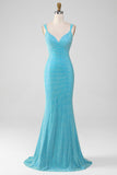 Glittrande Turkos Mermaid Spaghetti Straps Lång Balklänning Med Pärlor