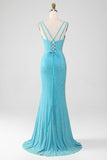 Glittrande Turkos Mermaid Spaghetti Straps Lång Balklänning Med Pärlor