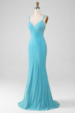 Glittrande Turkos Mermaid Spaghetti Straps Lång Balklänning Med Pärlor