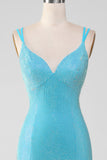 Glittrande Turkos Mermaid Spaghetti Straps Lång Balklänning Med Pärlor