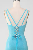 Glittrande Turkos Mermaid Spaghetti Straps Lång Balklänning Med Pärlor