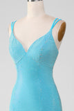 Glittrande Turkos Mermaid Spaghetti Straps Lång Balklänning Med Pärlor