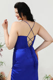 Kungsblå Mantel Spaghettiband Plus Size Balklänning med Delad Front
