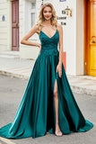 Trendiga A Line Spaghetti Straps Peacock Grön Lång Balklänning med Applikationer