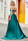 Trendiga A Line Spaghetti Straps Peacock Grön Lång Balklänning med Applikationer
