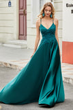 Trendiga A Line Spaghetti Straps Peacock Grön Lång Balklänning med Applikationer