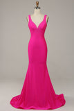 Fuchsia Mermaid V-Neck pärlstav klänning