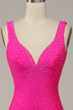 Fuchsia Mermaid V-Neck pärlstav klänning