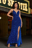 Royal Blue Mermaid Lace-Up Back Paljett Lång Balklänning med slits