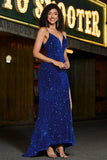 Royal Blue Mermaid Lace-Up Back Paljett Lång Balklänning med slits