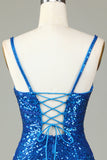 Sparkly Bodycon Spaghetti Straps Blå paljetter Kort Homecoming Klänning med tofs