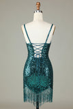 Sparkly Bodycon Spaghetti Straps Blå paljetter Kort Homecoming Klänning med tofs