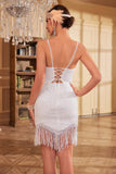 Bodycon Spaghetti Remmar Vita Paljetter 1920-tal Festklänning med tofs