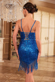 Bodycon Spaghetti Remmar Vita Paljetter 1920-tal Festklänning med tofs
